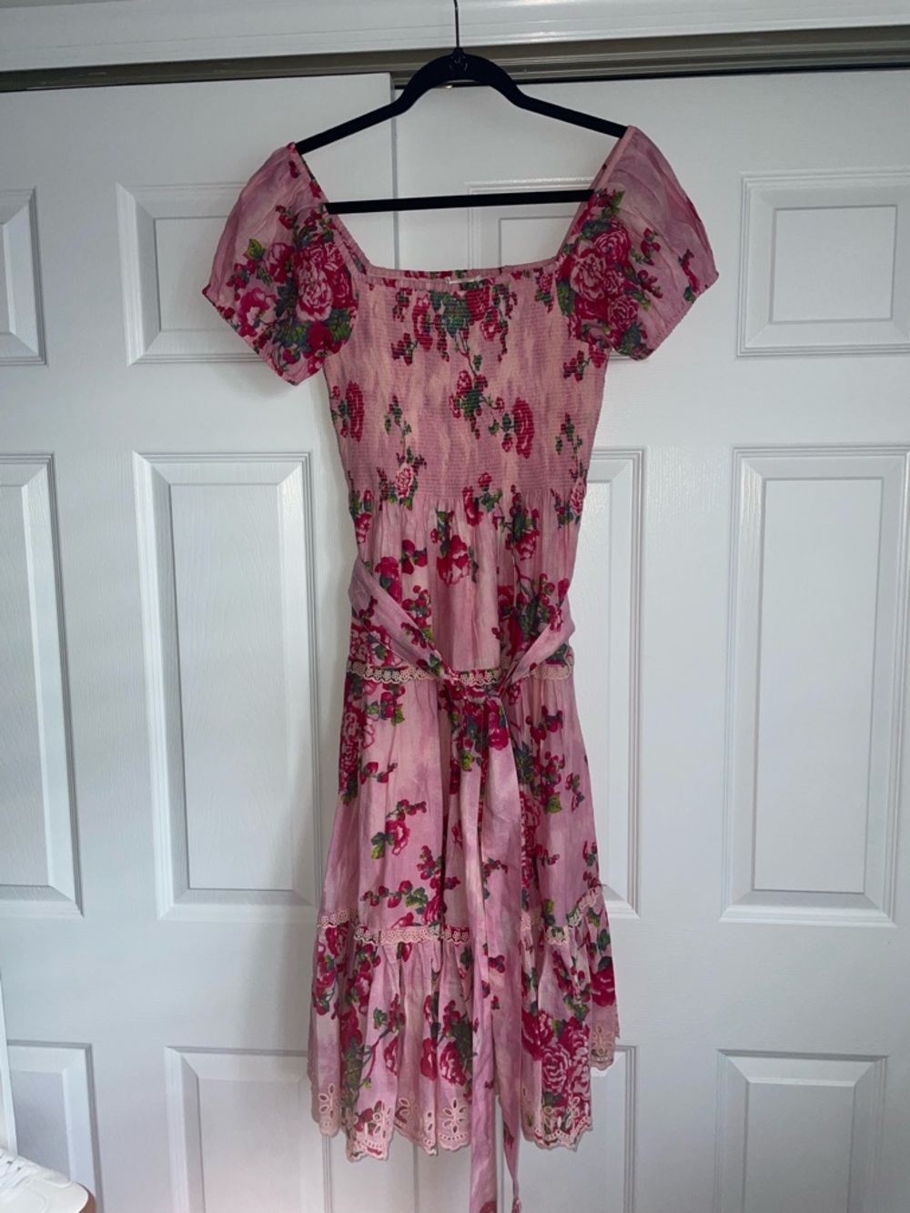 LoveShackFancy Pink Rose-Print Smocked Midi Dress